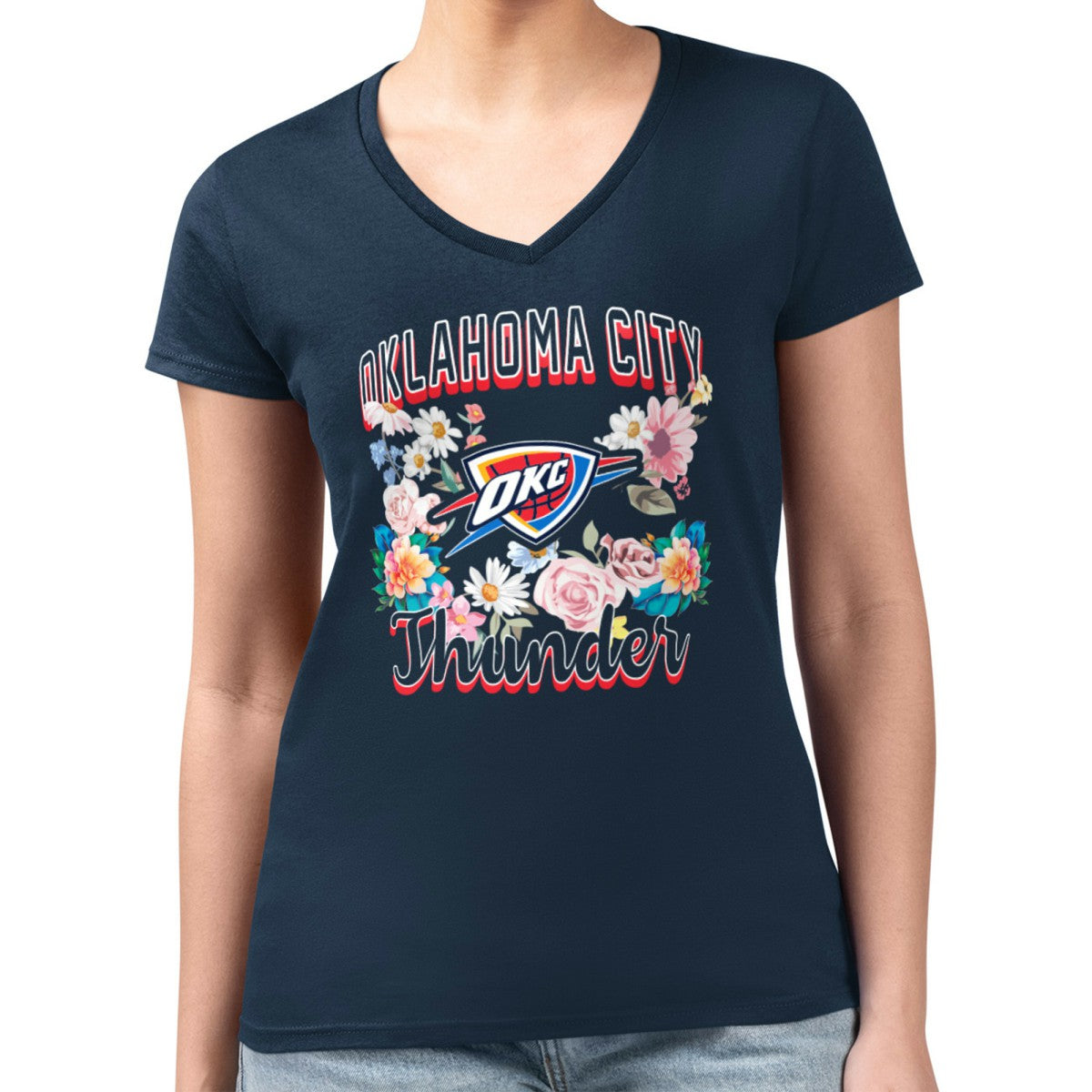 NBA Oklahoma City Thunder G-III 4Her by Carl Banks Women's Super-Slim Fit Lightweight Flowers Team Logo Graphic V-Neck T-Shirt