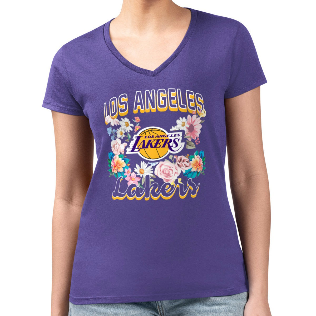 NBA Los Angeles Lakers G-III 4Her by Carl Banks Women's Super-Slim Fit Lightweight Flowers Team Logo Graphic V-Neck T-Shirt