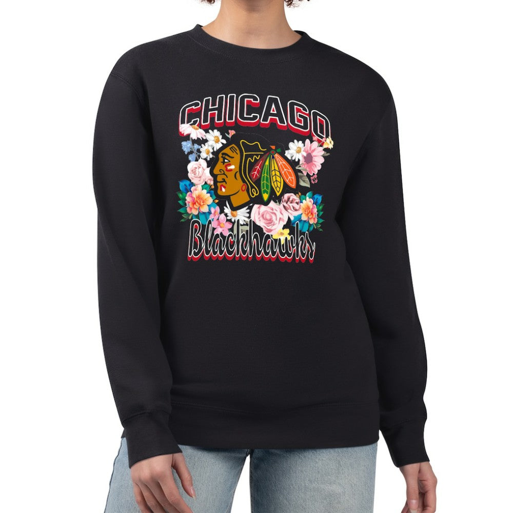 NHL Black Chicago Blackhawks G-III 4Her by Carl Banks Women's Flower Logo Pullover Sweatshirt