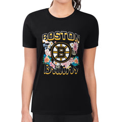 NHL Black Boston Bruins G-III 4Her by Carl Banks Women's Super-Slim Fit Lightweight Flower Logo T-Shirt