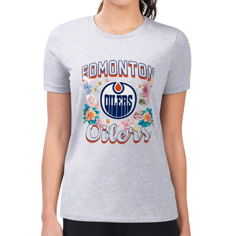 NHL Heather Gray Edmonton Oilers G-III 4Her by Carl Banks Women's Super-Slim Fit Lightweight Flower Logo T-Shirt