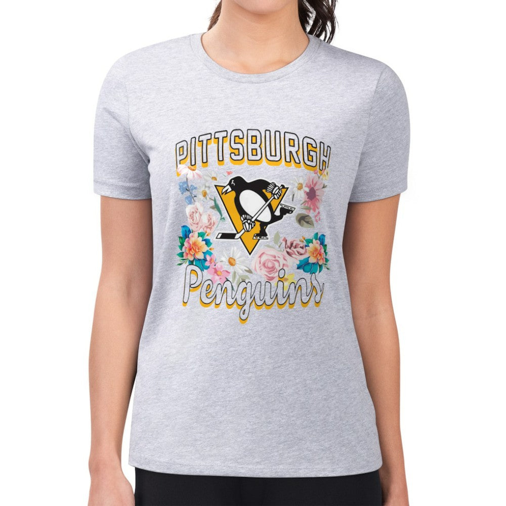 NHL Heather Gray Pittsburgh Penguins G-III 4Her by Carl Banks Women's Super-Slim Fit Lightweight Flower Logo T-Shirt