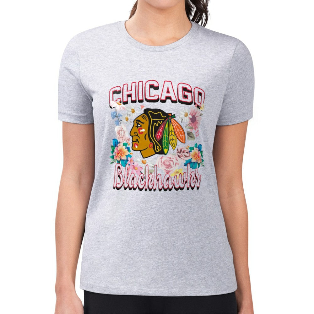 NHL Heather Gray Chicago Blackhawks G-III 4Her by Carl Banks Women's Super-Slim Fit Lightweight Flower Logo T-Shirt