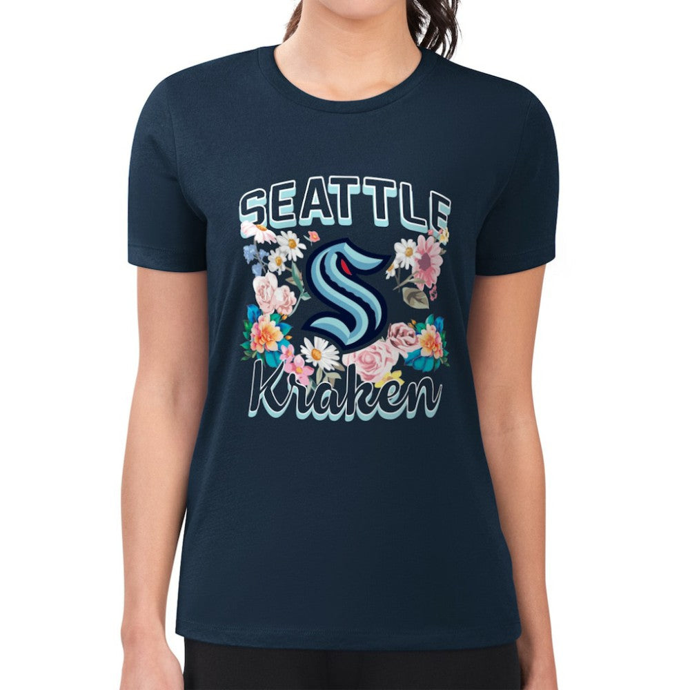 NHL Navy Seattle Kraken G-III 4Her by Carl Banks Women's Super-Slim Fit Lightweight Flower Logo T-Shirt