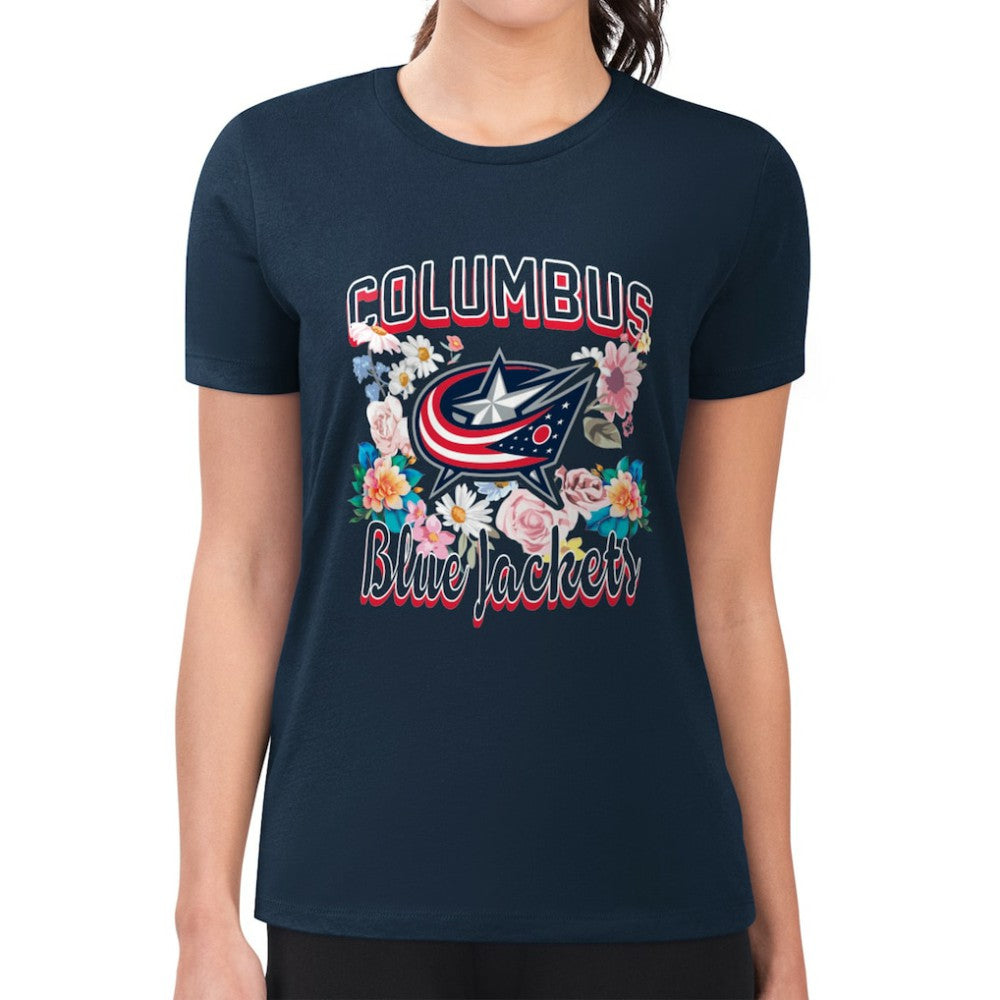 NHL Navy Columbus Blue Jackets G-III 4Her by Carl Banks Women's Super-Slim Fit Lightweight Flower Logo T-Shirt