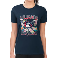 NHL Navy Columbus Blue Jackets G-III 4Her by Carl Banks Women's Super-Slim Fit Lightweight Flower Logo T-Shirt