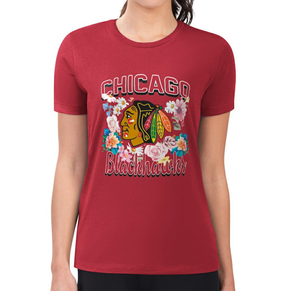 NHL Red Chicago Blackhawks G-III 4Her by Carl Banks Women's Super-Slim Fit Lightweight Flower Logo T-Shirt