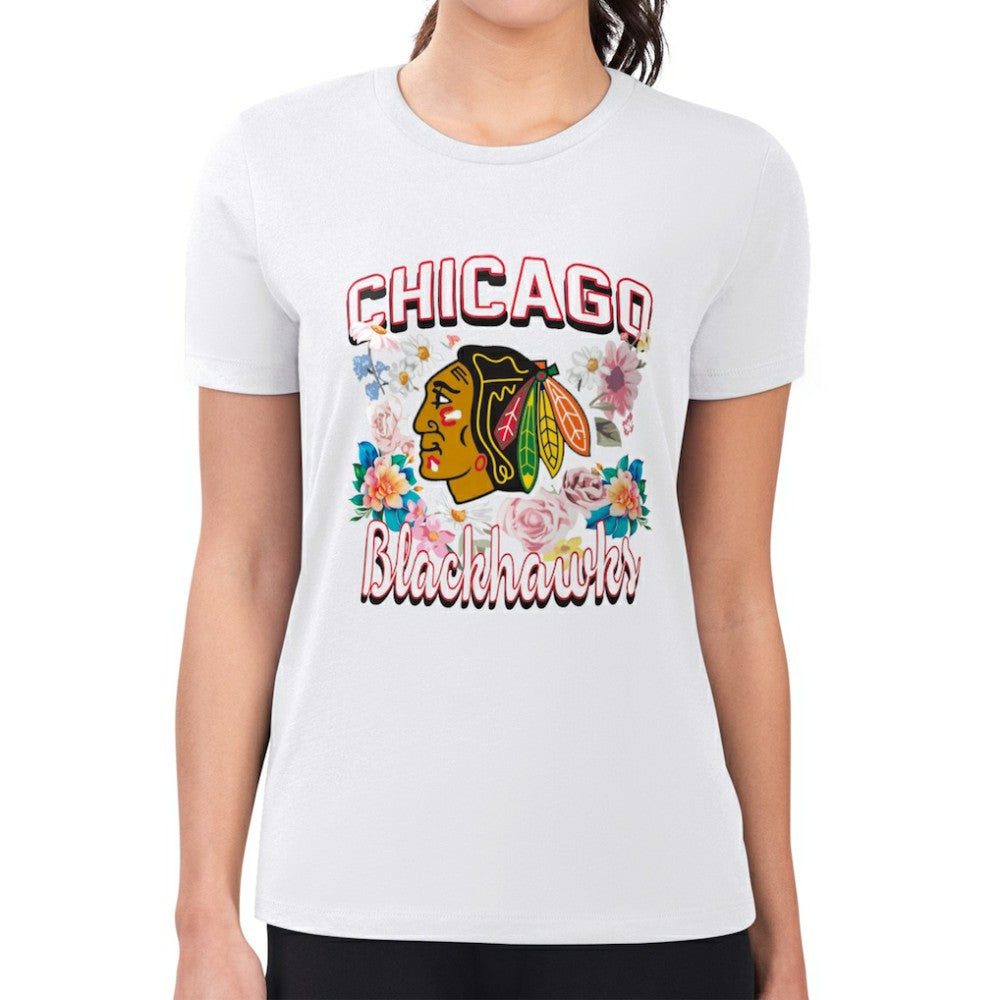 NHL White Chicago Blackhawks G-III 4Her by Carl Banks Women's Super-Slim Fit Lightweight Flower Logo T-Shirt