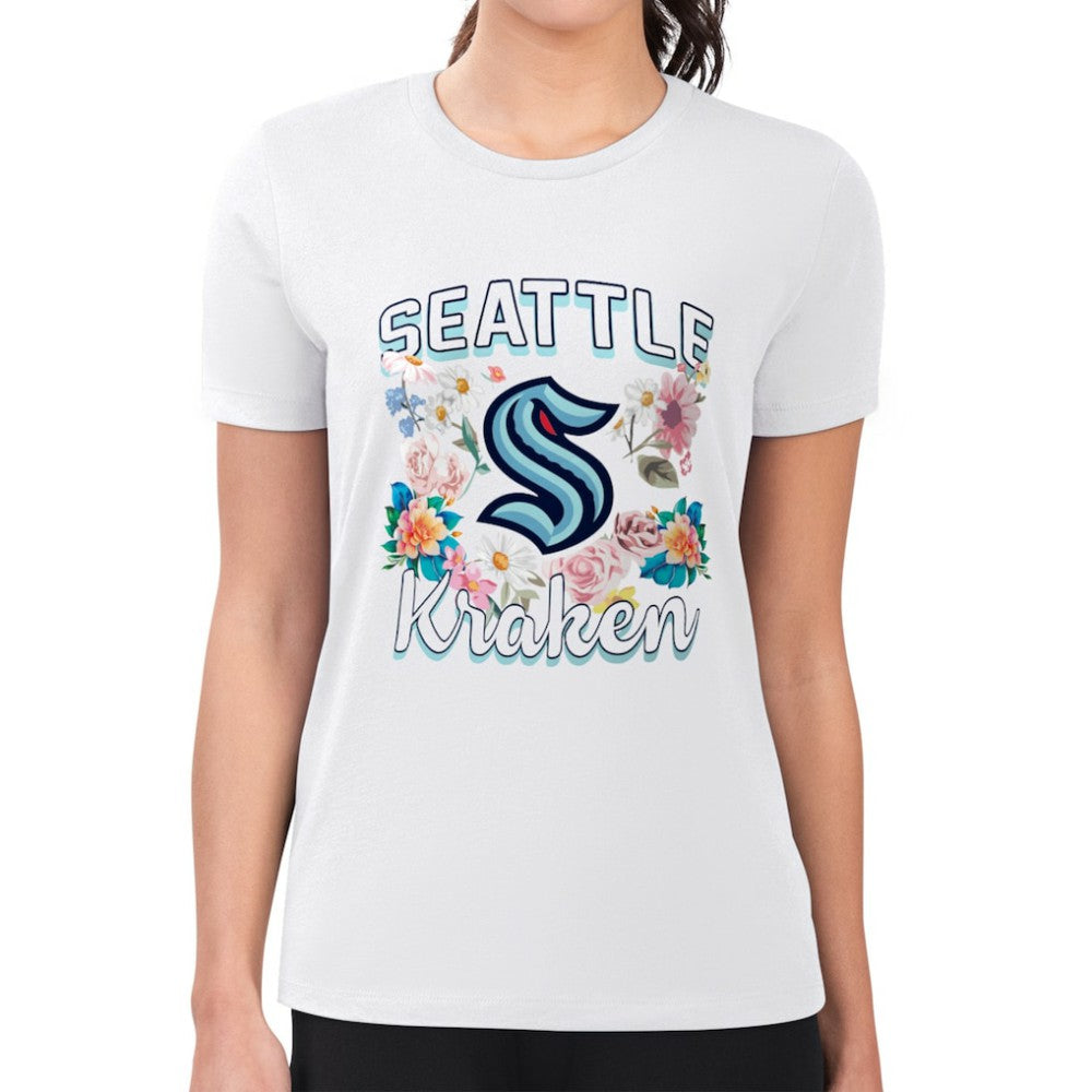 NHL White Seattle Kraken G-III 4Her by Carl Banks Women's Super-Slim Fit Lightweight Flower Logo T-Shirt