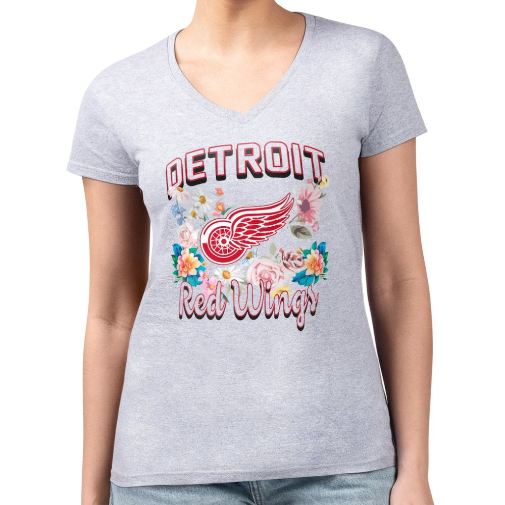 NHL Heather Gray Detroit Red Wings G-III 4Her by Carl Banks Women's Super-Slim Fit Lightweight Flower Logo V-Neck T-Shirt
