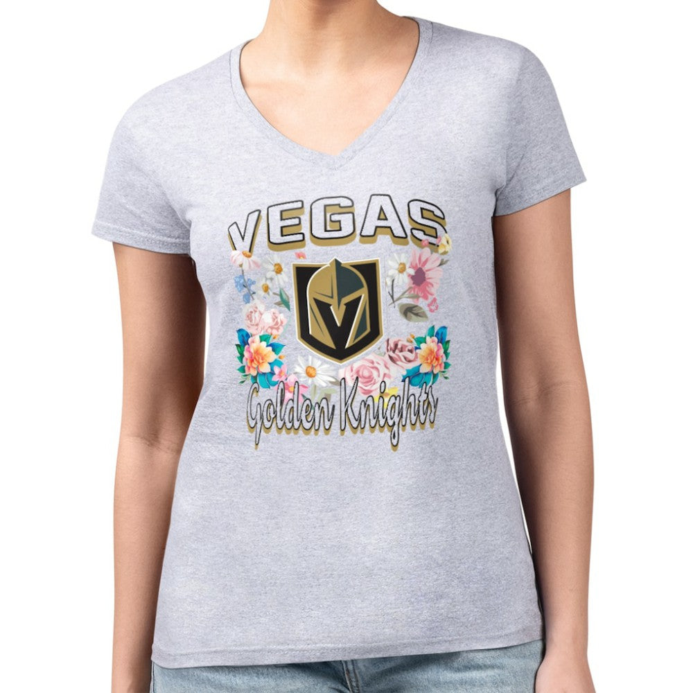 NHL Heather Gray Vegas Golden Knights G-III 4Her by Carl Banks Women's Super-Slim Fit Lightweight Flower Logo V-Neck T-Shirt