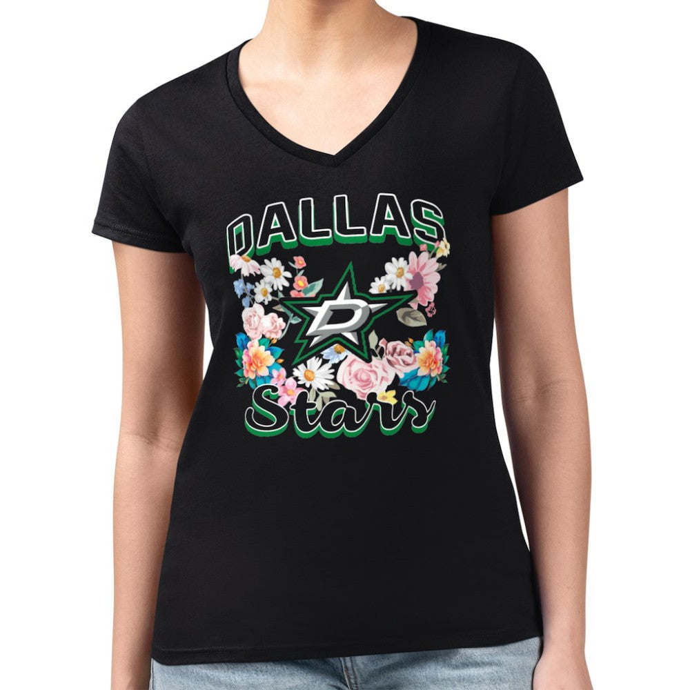 NHL Black Dallas Stars G-III 4Her by Carl Banks Women's Super-Slim Fit Lightweight Flower Logo V-Neck T-Shirt