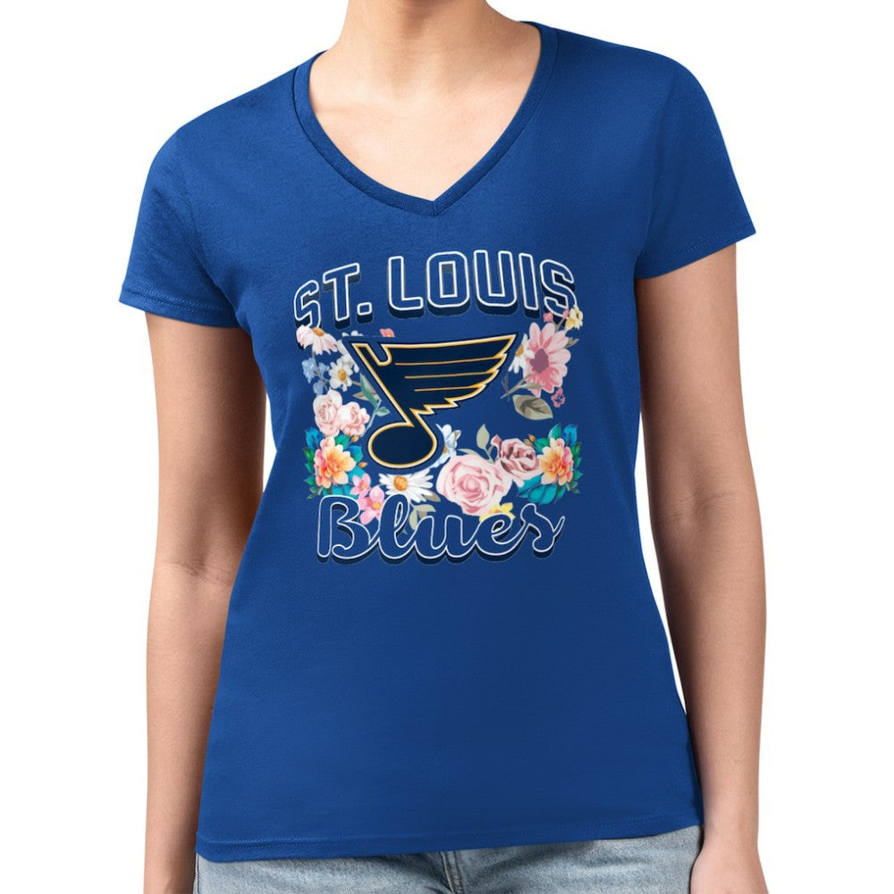 NHL Blue St. Louis Blues G-III 4Her by Carl Banks Women's Super-Slim Fit Lightweight Flower Logo V-Neck T-Shirt