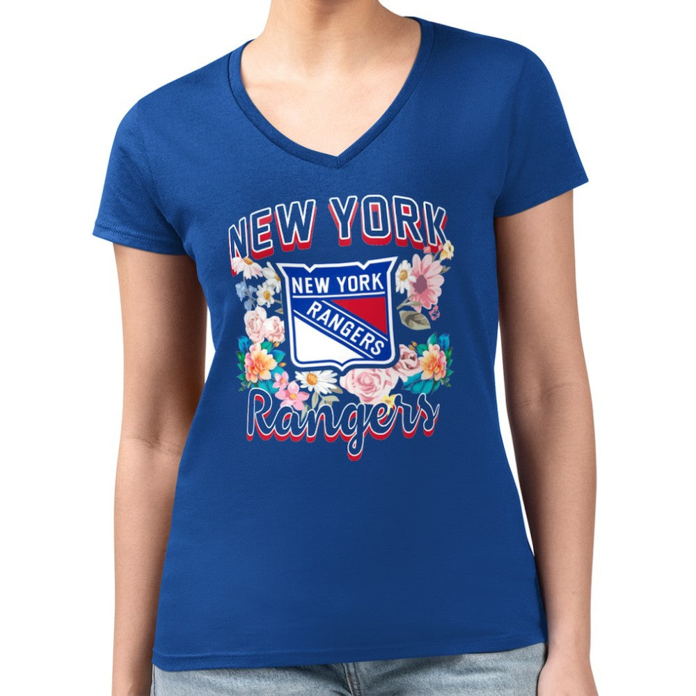 NHL Blue New York Rangers G-III 4Her by Carl Banks Women's Super-Slim Fit Lightweight Flower Logo V-Neck T-Shirt