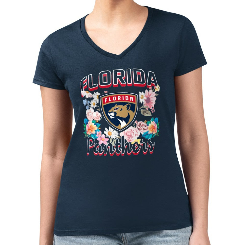NHL Navy Florida Panthers G-III 4Her by Carl Banks Women's Super-Slim Fit Lightweight Flower Logo V-Neck T-Shirt