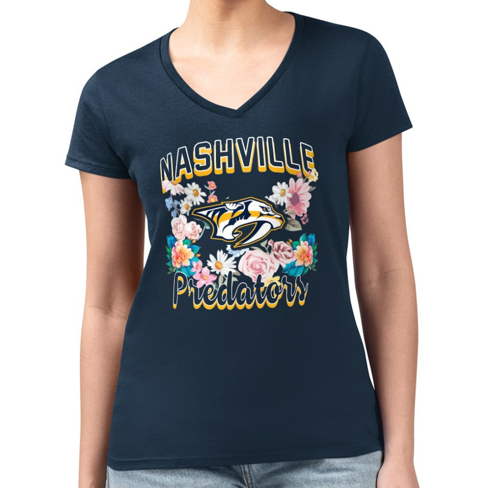 NHL Navy Nashville Predators G-III 4Her by Carl Banks Women's Super-Slim Fit Lightweight Flower Logo V-Neck T-Shirt