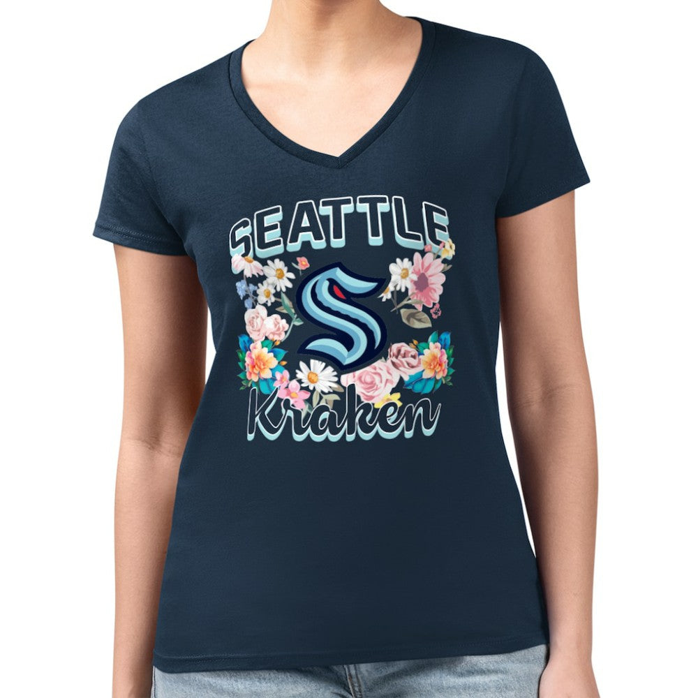 NHL Navy Seattle Kraken G-III 4Her by Carl Banks Women's Super-Slim Fit Lightweight Flower Logo V-Neck T-Shirt