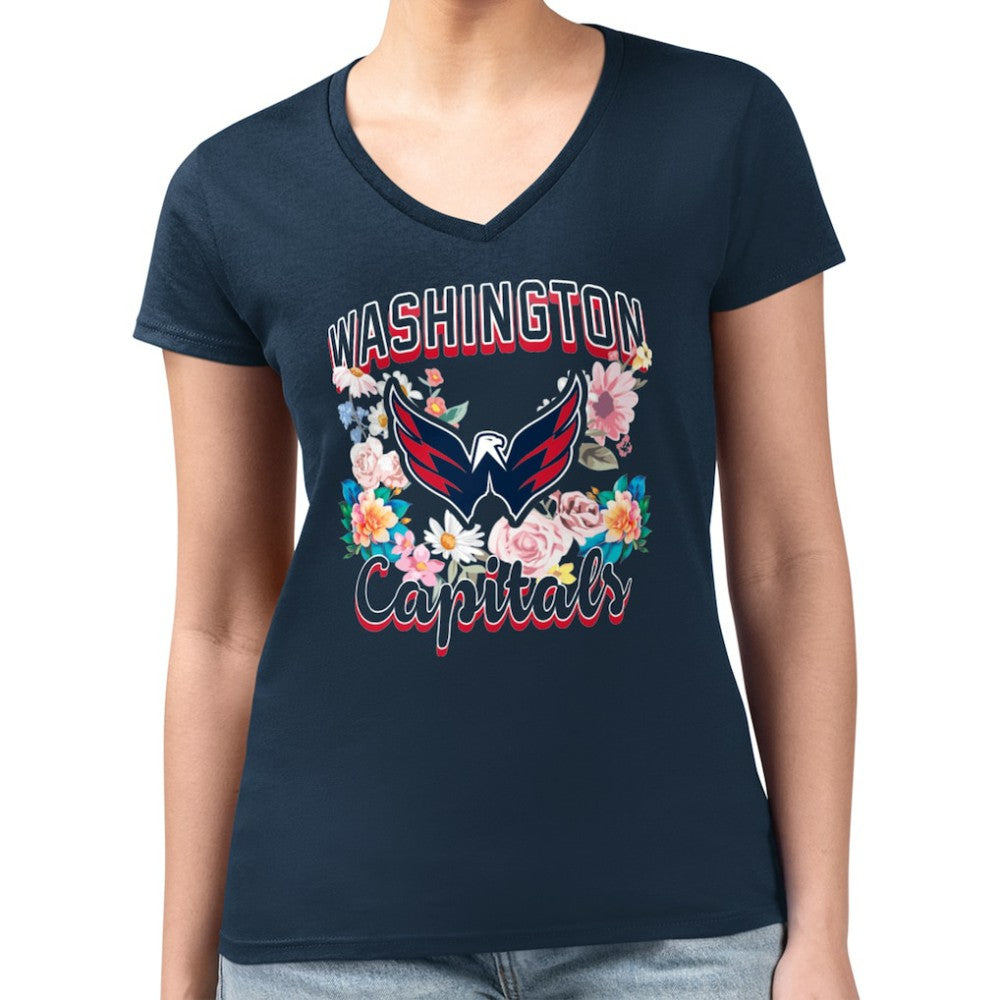 NHL Navy Washington Capitals G-III 4Her by Carl Banks Women's Super-Slim Fit Lightweight Flower Logo V-Neck T-Shirt
