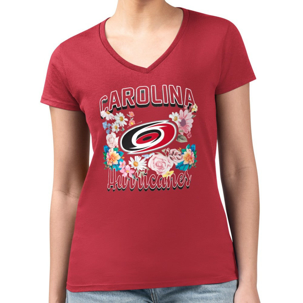 NHL Red Carolina Hurricanes G-III 4Her by Carl Banks Women's Super-Slim Fit Lightweight Flower Logo V-Neck T-Shirt