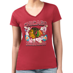 NHL Red Chicago Blackhawks G-III 4Her by Carl Banks Women's Super-Slim Fit Lightweight Flower Logo V-Neck T-Shirt