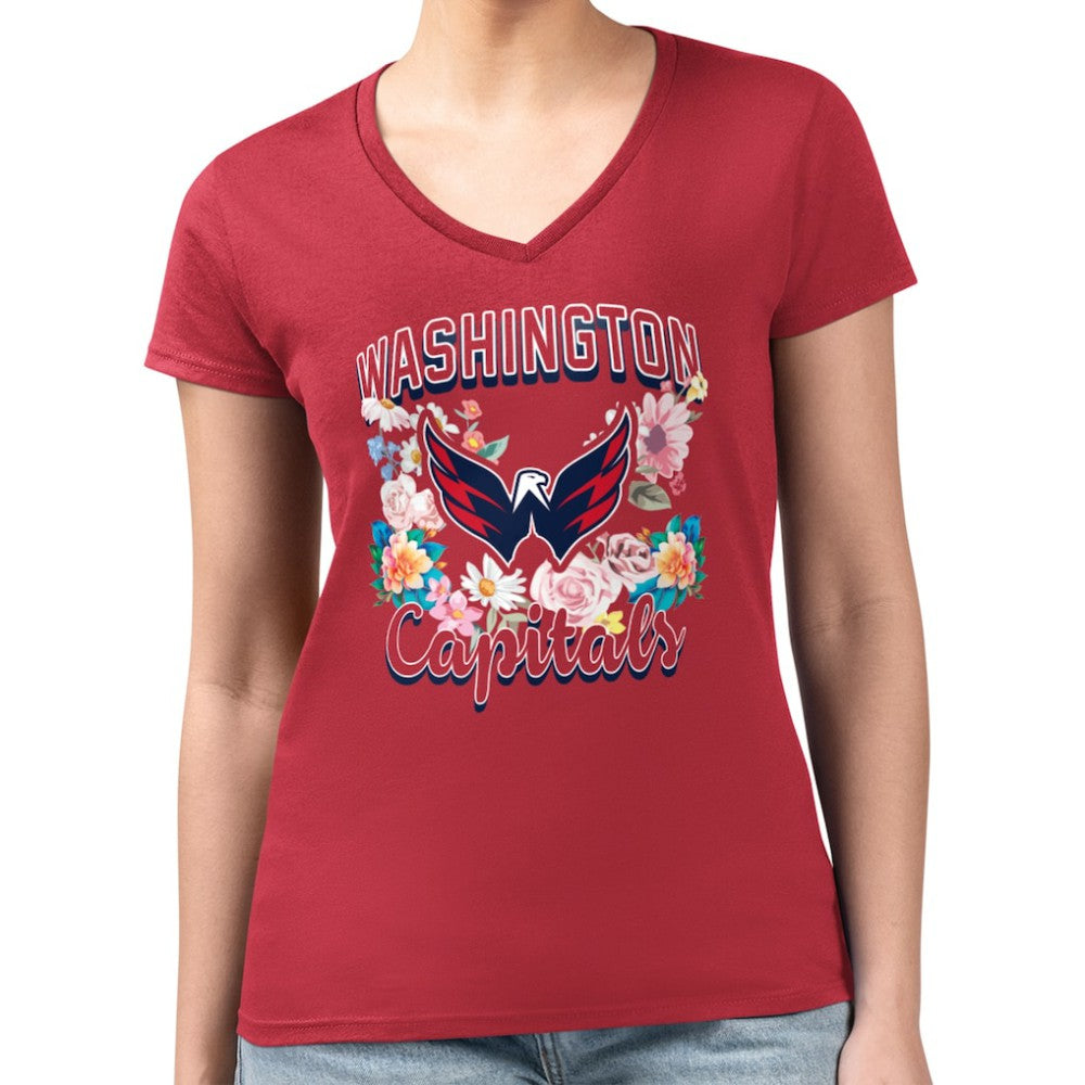NHL Red Washington Capitals G-III 4Her by Carl Banks Women's Super-Slim Fit Lightweight Flower Logo V-Neck T-Shirt