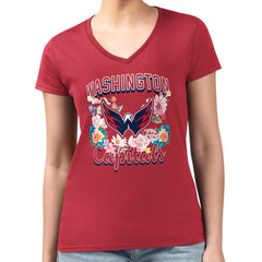 NHL Red Washington Capitals G-III 4Her by Carl Banks Women's Super-Slim Fit Lightweight Flower Logo V-Neck T-Shirt