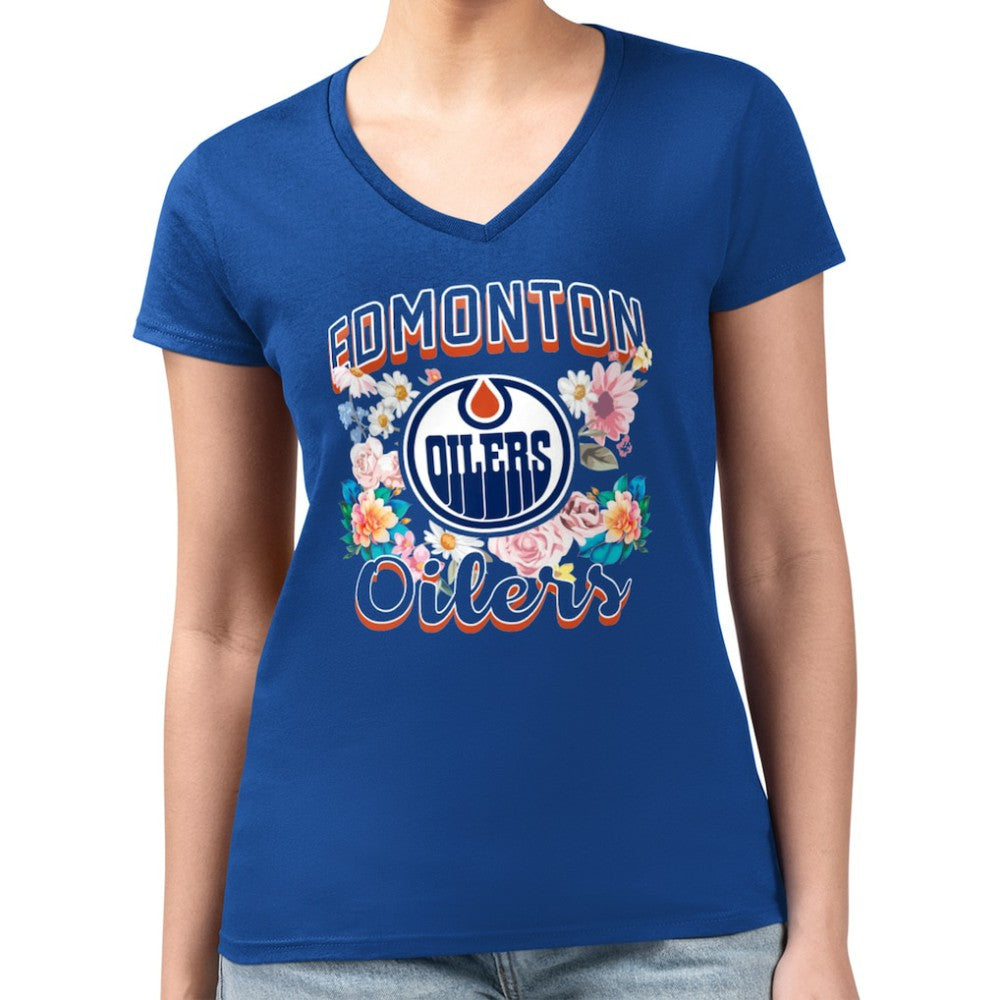 NHL Royal Edmonton Oilers G-III 4Her by Carl Banks Women's Super-Slim Fit Lightweight Flower Logo V-Neck T-Shirt