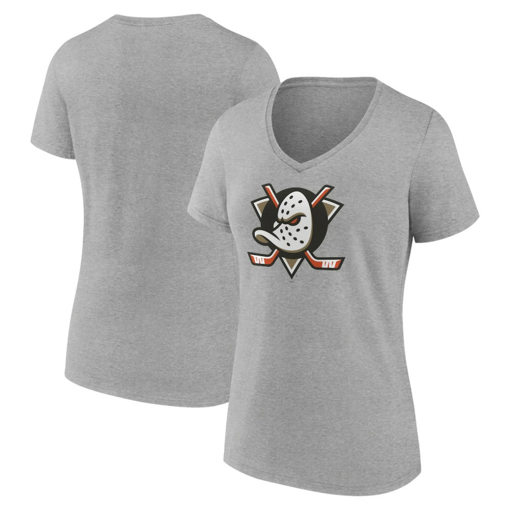 NHL This item will ship within 2 business days. Anaheim Ducks Women's Primary Logo V-Neck T-Shirt – Gray