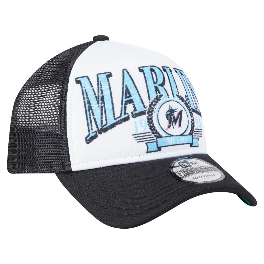 MLB Miami Marlins New Era Distressed 9FORTY A-Frame Adjustable Trucker Hat