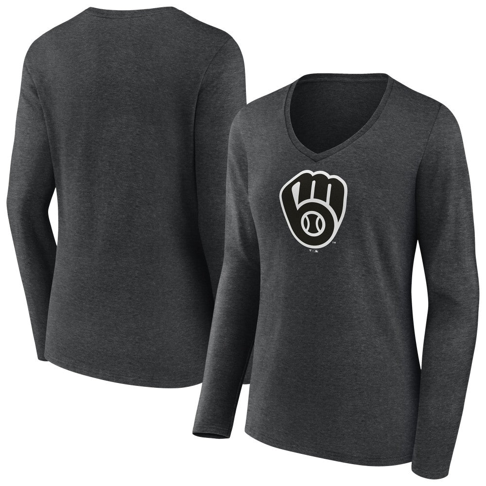 MLB Milwaukee Brewers Women's Monochrome Long Sleeve V-Neck T-Shirt