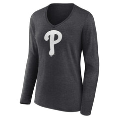 MLB Philadelphia Phillies Women's Monochrome Long Sleeve V-Neck T-Shirt