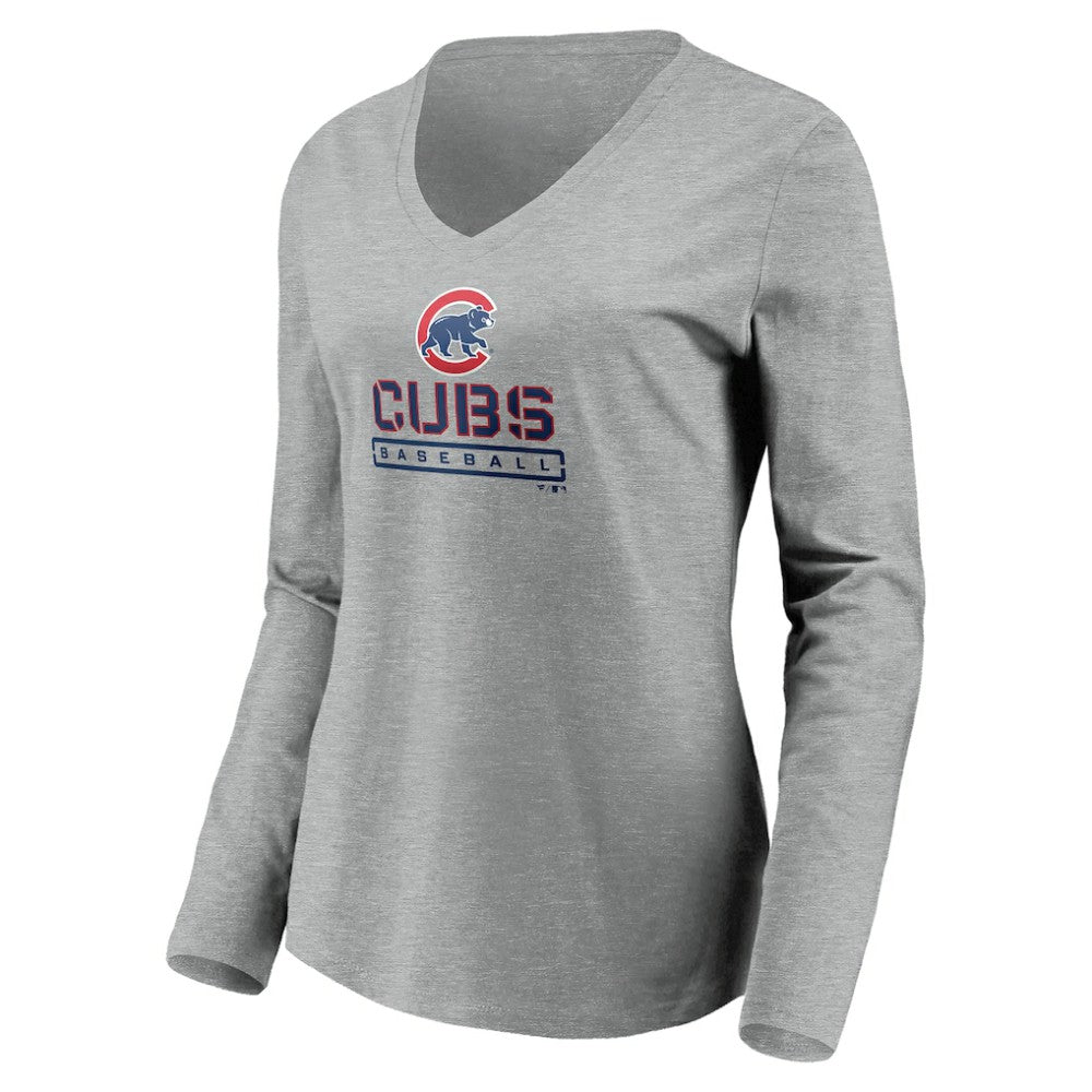 MLB Chicago Cubs Women's Evanston Stencil Long Sleeve V-Neck T-Shirt