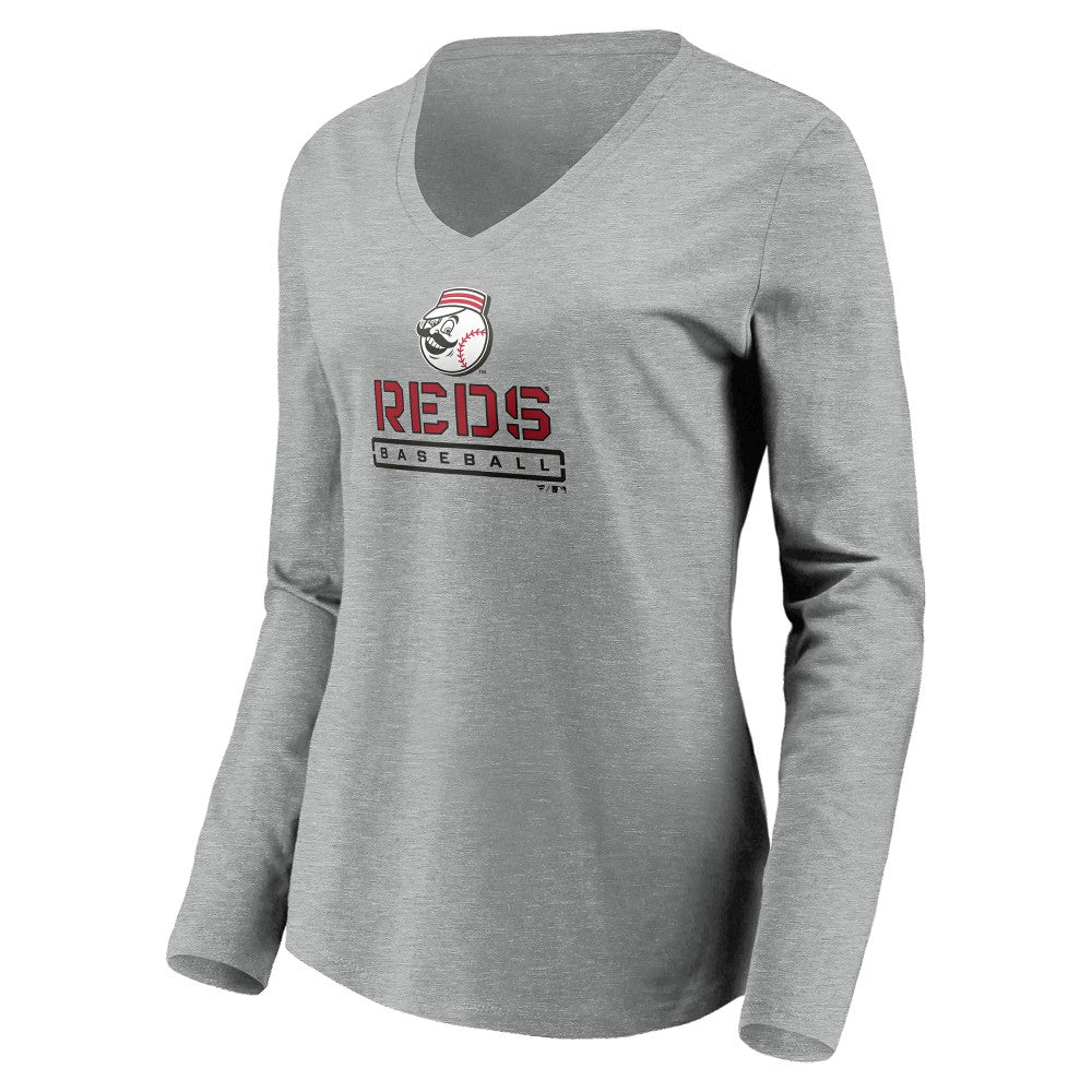 MLB Cincinnati Reds Women's Evanston Stencil Long Sleeve V-Neck T-Shirt