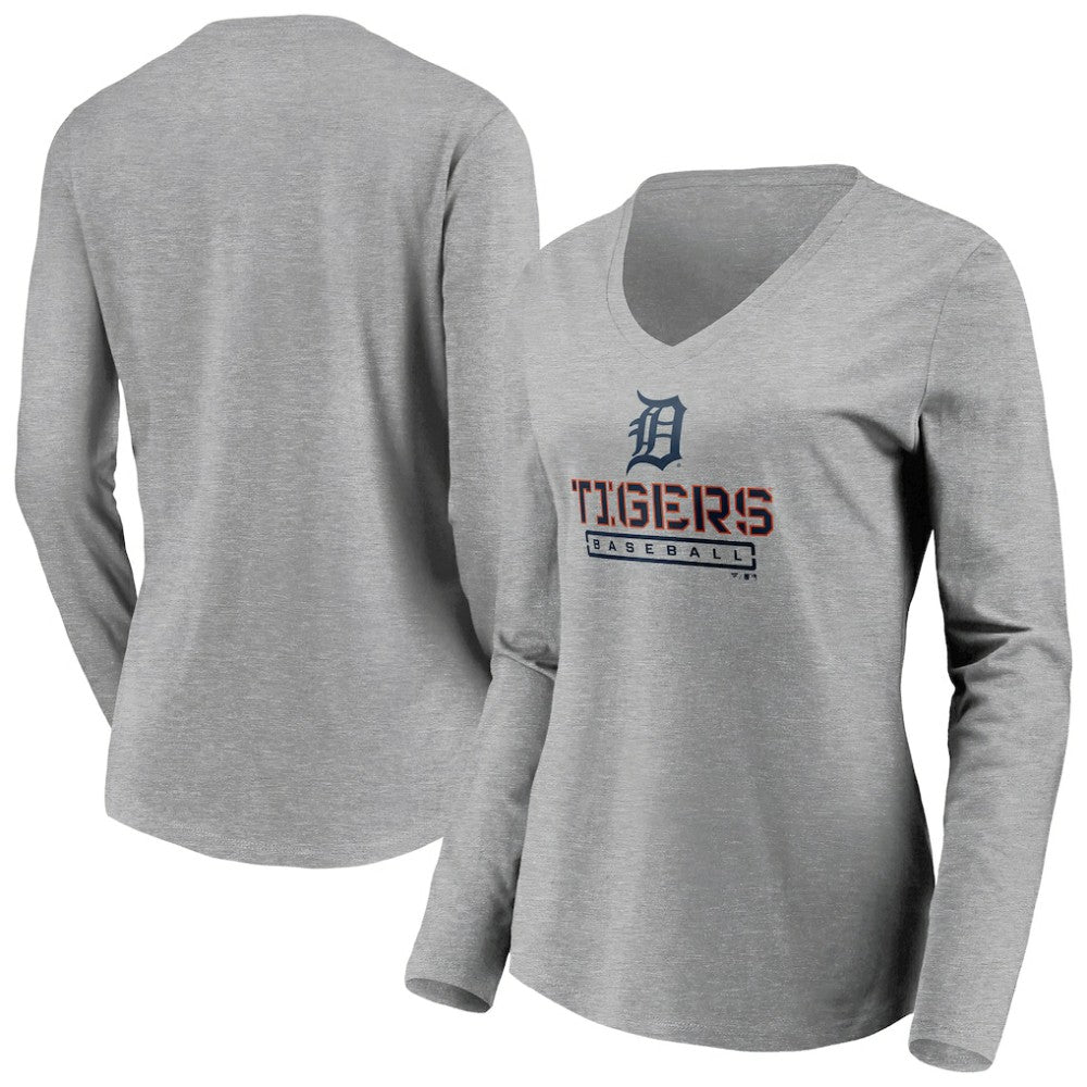 MLB Detroit Tigers Women's Evanston Stencil Long Sleeve V-Neck T-Shirt