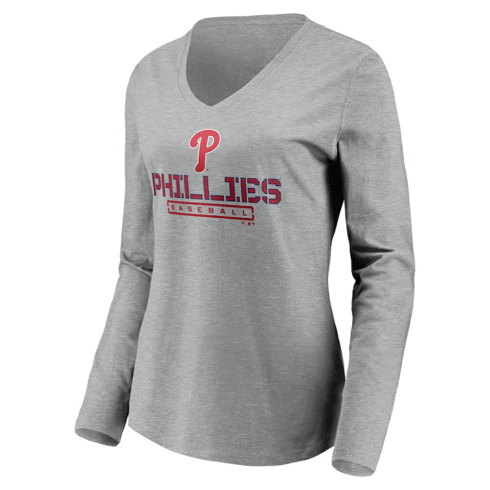 MLB Philadelphia Phillies Women's Evanston Stencil Long Sleeve V-Neck T-Shirt