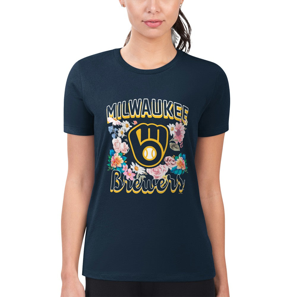 MLB Milwaukee Brewers G-III 4Her by Carl Banks Women's Super-Slim Fit Lightweight Flowers Graphic T-Shirt