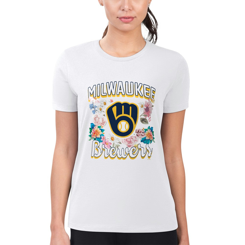 MLB Milwaukee Brewers G-III 4Her by Carl Banks Women's Super-Slim Fit Lightweight Flowers Graphic T-Shirt