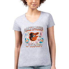 MLB Baltimore Orioles G-III 4Her by Carl Banks Women's Super-Slim Fit Lightweight Flowers Graphic V-Neck T-Shirt