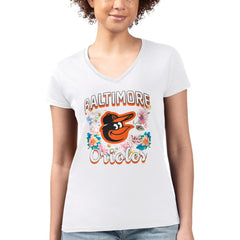 MLB Baltimore Orioles G-III 4Her by Carl Banks Women's Super-Slim Fit Lightweight Flowers Graphic V-Neck T-Shirt