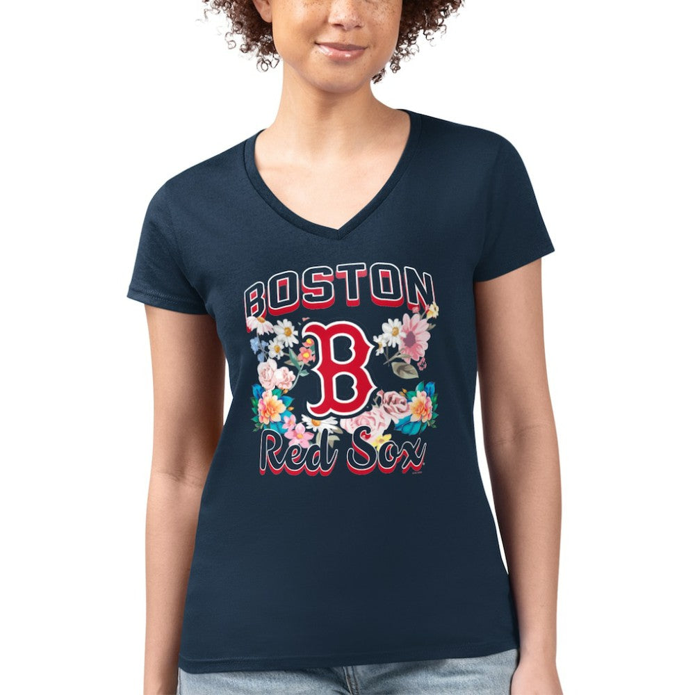 MLB Boston Red Sox G-III 4Her by Carl Banks Women's Super-Slim Fit Lightweight Flowers Graphic V-Neck T-Shirt