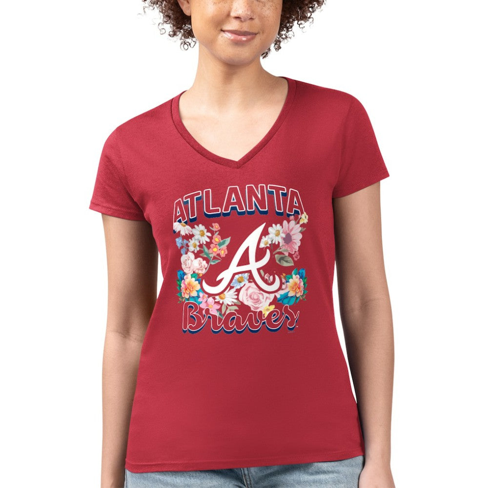 MLB Atlanta Braves G-III 4Her by Carl Banks Women's Super-Slim Fit Lightweight Flowers Graphic V-Neck T-Shirt