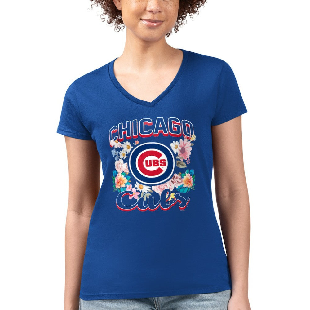 MLB Chicago Cubs G-III 4Her by Carl Banks Women's Super-Slim Fit Lightweight Flowers Graphic V-Neck T-Shirt