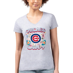 MLB Chicago Cubs G-III 4Her by Carl Banks Women's Super-Slim Fit Lightweight Flowers Graphic V-Neck T-Shirt