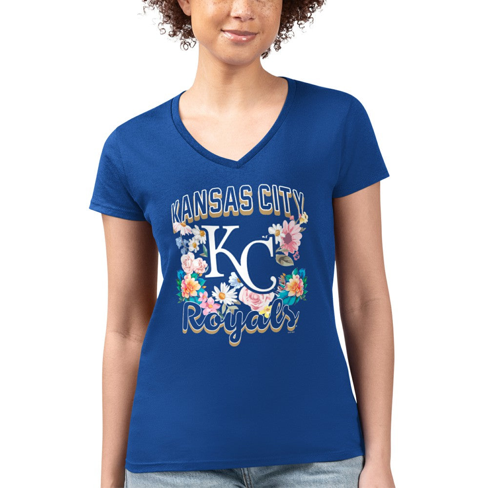 MLB Kansas City Royals G-III 4Her by Carl Banks Women's Super-Slim Fit Lightweight Flowers Graphic V-Neck T-Shirt