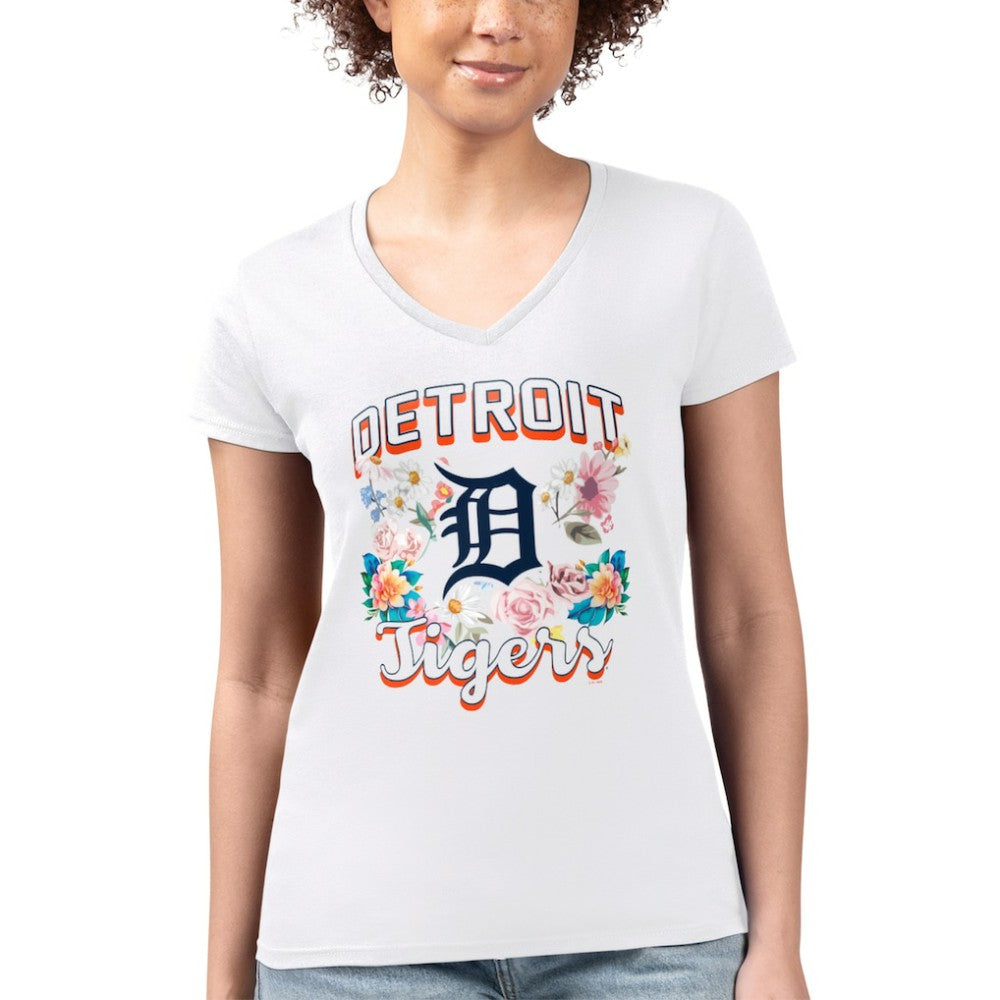 MLB Detroit Tigers G-III 4Her by Carl Banks Women's Super-Slim Fit Lightweight Flowers Graphic V-Neck T-Shirt