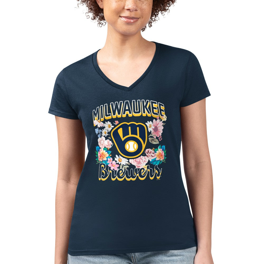 MLB Milwaukee Brewers G-III 4Her by Carl Banks Women's Super-Slim Fit Lightweight Flowers Graphic V-Neck T-Shirt