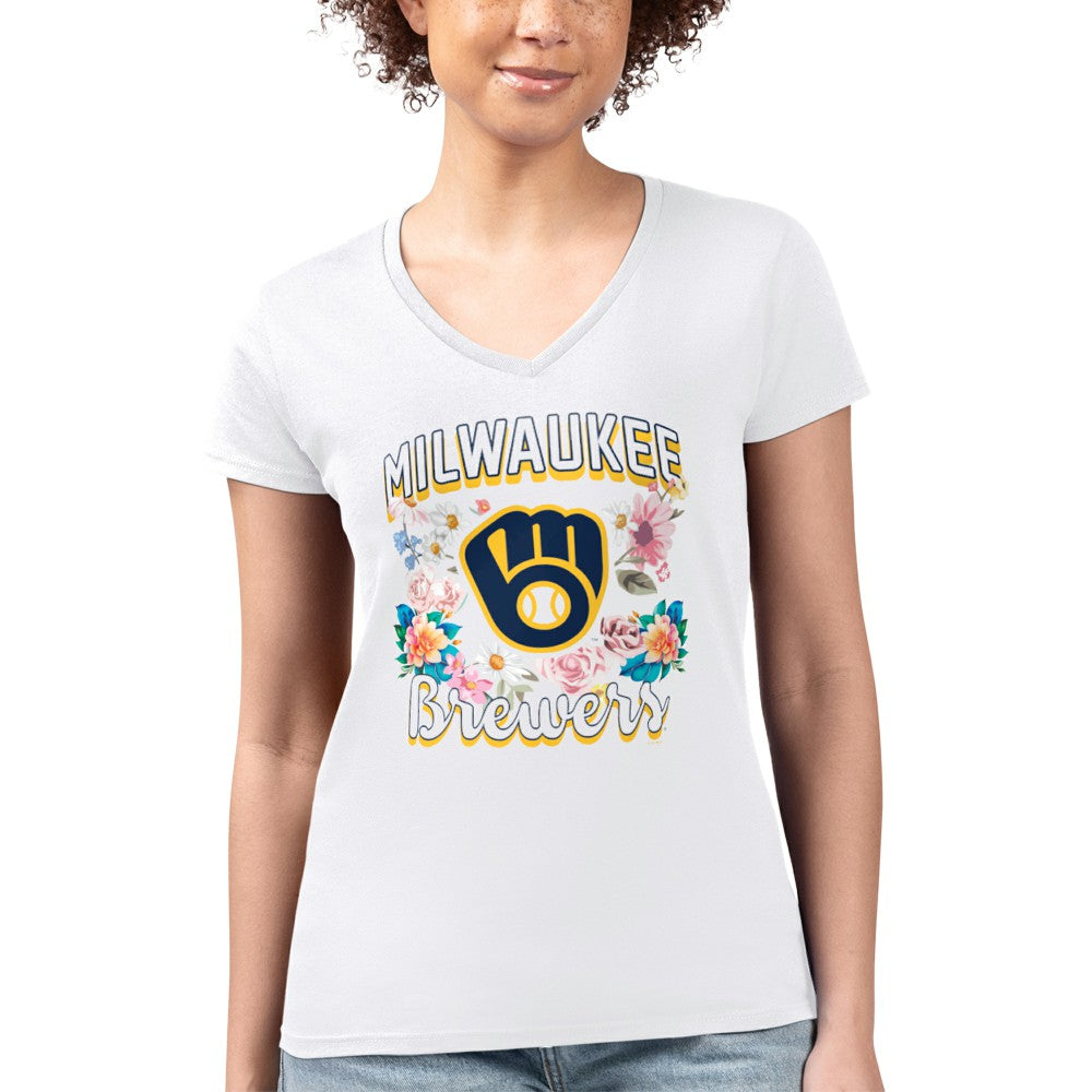 MLB Milwaukee Brewers G-III 4Her by Carl Banks Women's Super-Slim Fit Lightweight Flowers Graphic V-Neck T-Shirt