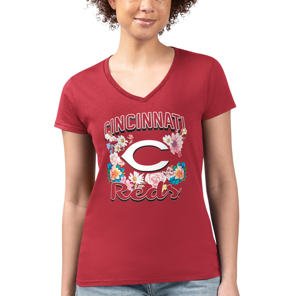 MLB Cincinnati Reds G-III 4Her by Carl Banks Women's Super-Slim Fit Lightweight Flowers Graphic V-Neck T-Shirt