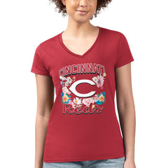 MLB Cincinnati Reds G-III 4Her by Carl Banks Women's Super-Slim Fit Lightweight Flowers Graphic V-Neck T-Shirt