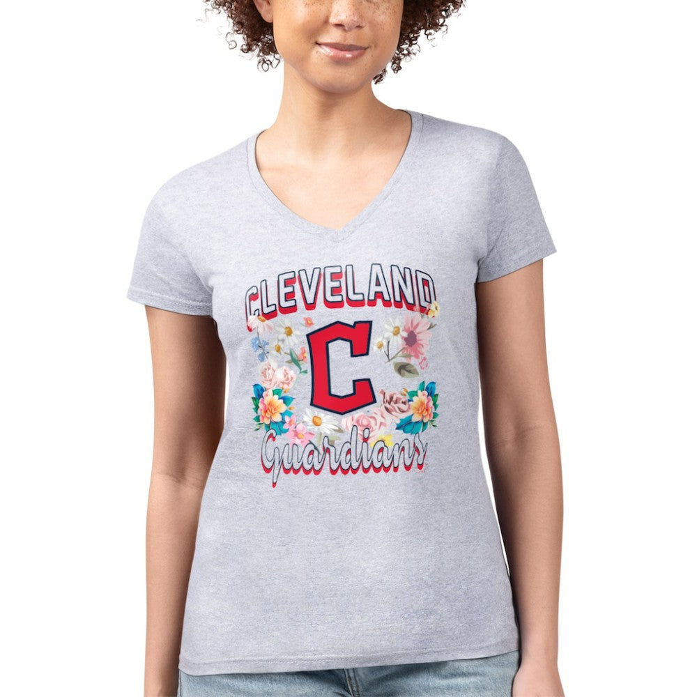 MLB Cleveland Guardians G-III 4Her by Carl Banks Women's Super-Slim Fit Lightweight Flowers Graphic V-Neck T-Shirt